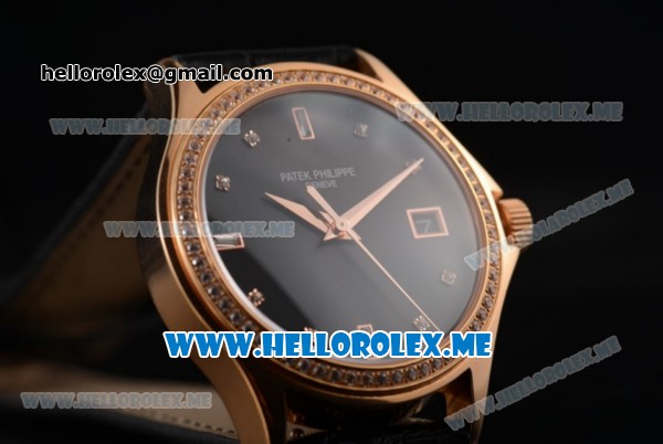 Patek Philippe Calatrava Miyota 9015 Automatic Rose Gold Case with Black Dial Black Leather Strap and Diamonds Markers Diamonds Bezel - Click Image to Close